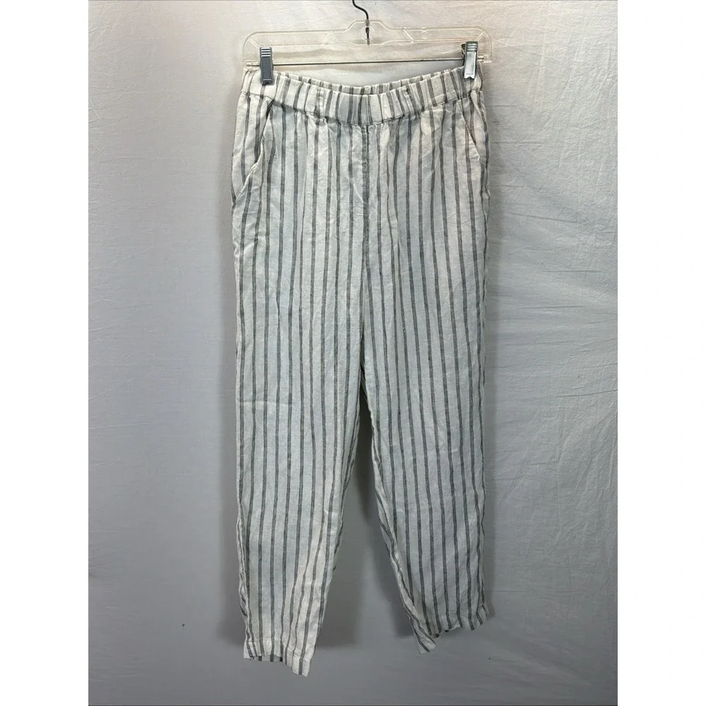 Quince 100% European Linen Pants Oatmeal Black Stripe Small S Travel Office